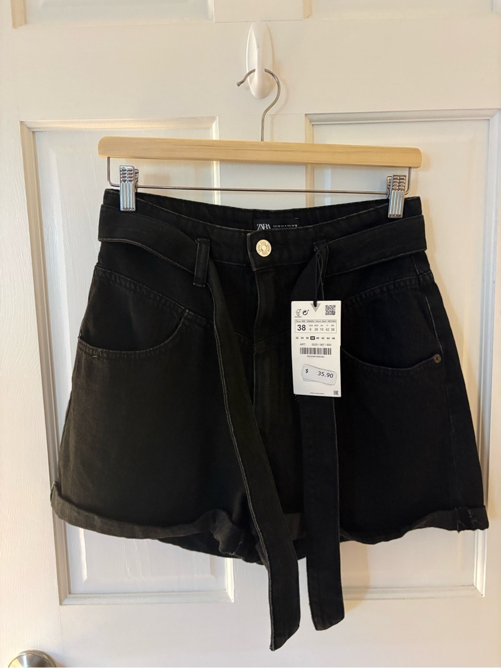 ZARA High-Waist Black Denim Belted Women’s Shorts